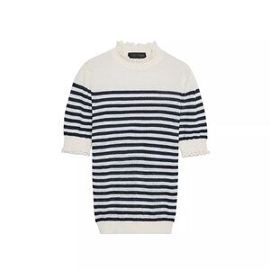 Zara Navy and Cream Ruffle Striped Knit Top Sz L